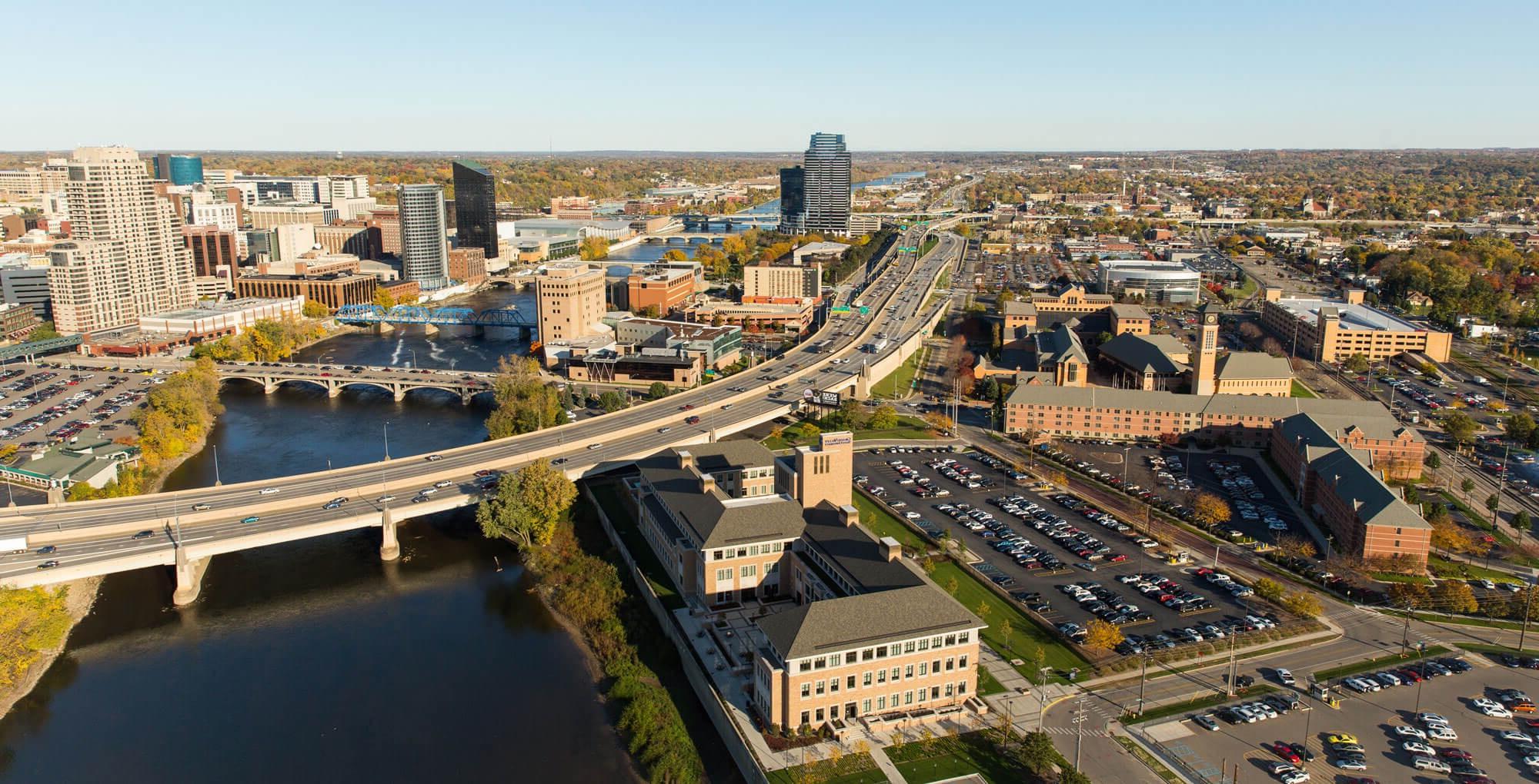 Aerial view of GVSU Pew Campus, Grand Rapids, MI near the Grand River